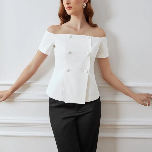 White Preppy Womens Off Shoulder Blouse - Picture 1 of 4